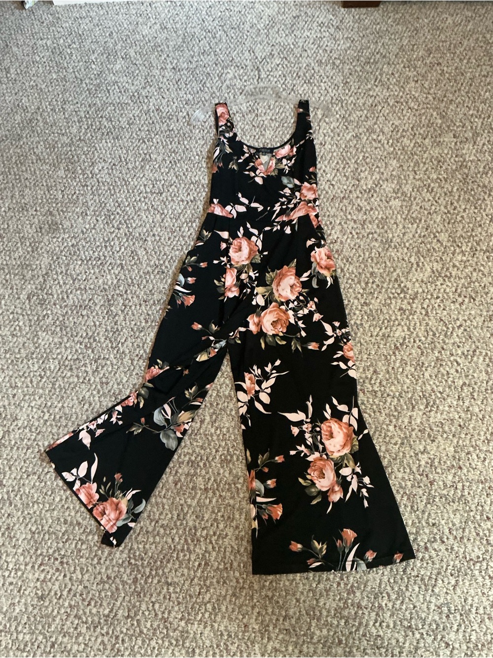 Papillon Blanc Black Wide-Leg Jumpsuit with Pink Floral Print
